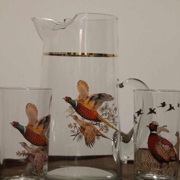 Set of 5 West Virginia Glass Vintage Pheasants In Flight 4 Glasses & 1 Pitcher - Picture 9 of 15